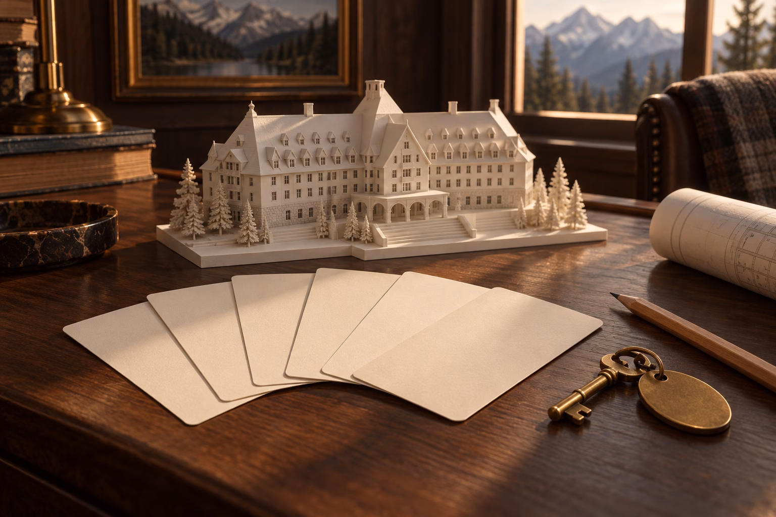 A white architect's model of a grand mountain resort lodge on a dark desk, with blank cream cards fanned out like a dealt hand and a brass room key nearby