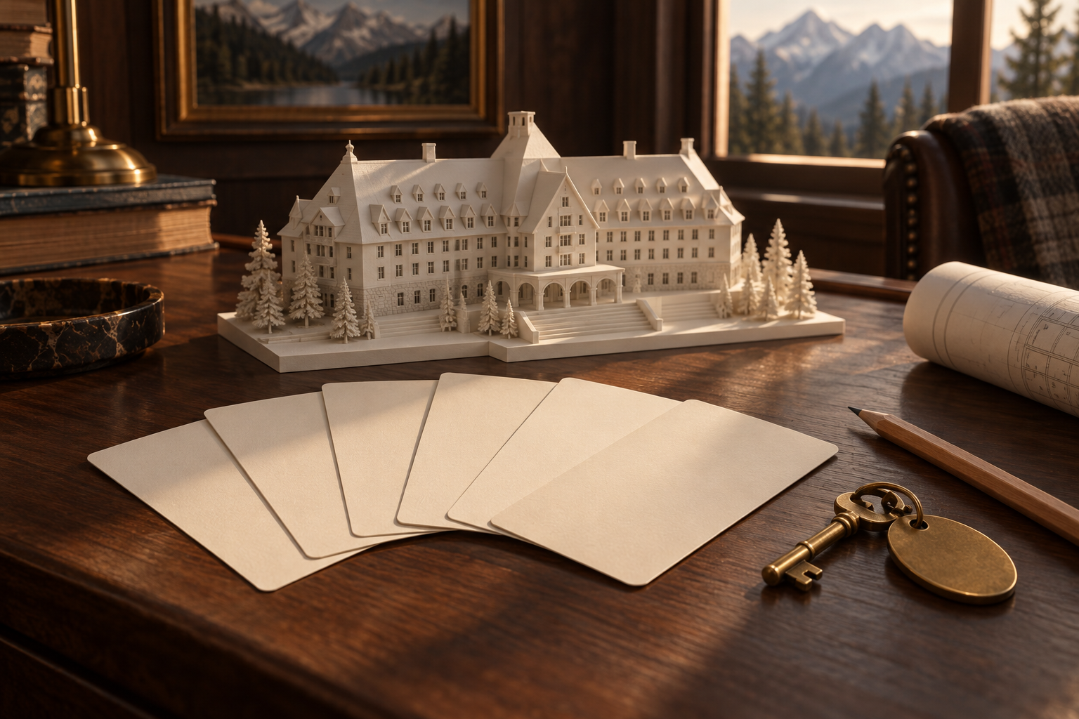 A white architect's model of a grand mountain resort lodge on a dark desk, with blank cream cards fanned out like a dealt hand and a brass room key nearby