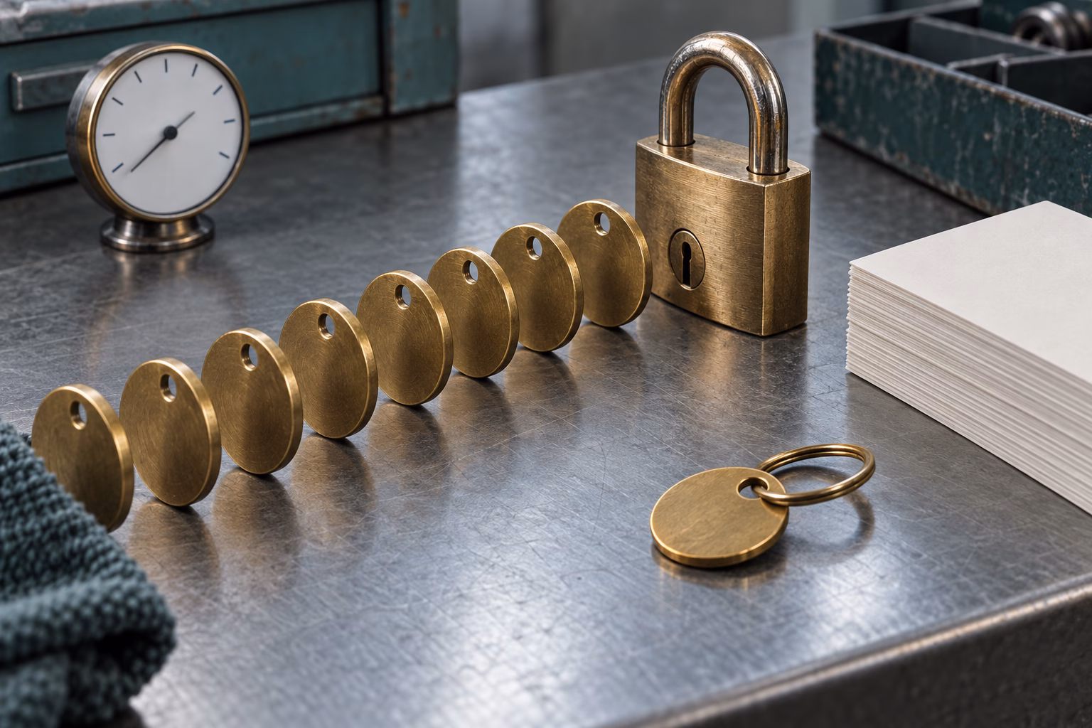 Editorial still-life on a brushed-steel workbench: a diagonal queue of blank brass key tags advancing toward a solid brass padlock, one tag held apart on a keyring, a plain clock face without numbers, and a stack of blank index cards.