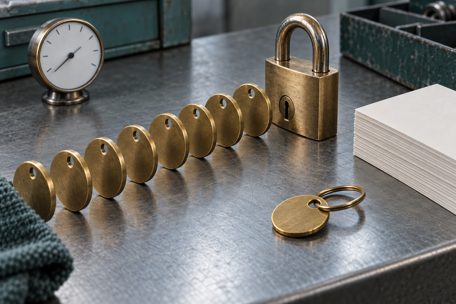 Editorial still-life on a brushed-steel workbench: a diagonal queue of blank brass key tags advancing toward a solid brass padlock, one tag held apart on a keyring, a plain clock face without numbers, and a stack of blank index cards.