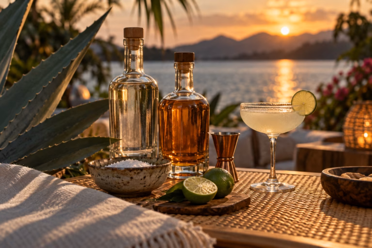 Editorial still-life at dusk: two unlabeled spirit bottles, a pottery bowl of salt, halved limes, a copper jigger, and a cocktail coupe on a light-rattan surface, with a large agave leaf shadow and blurred palm foliage over water behind.