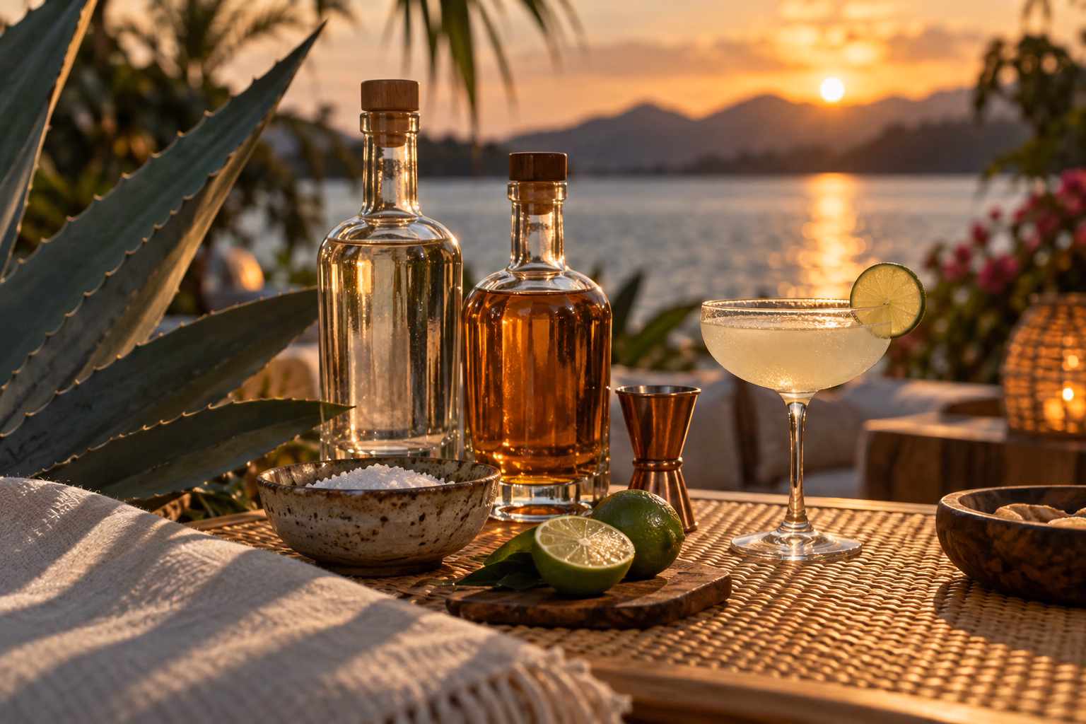 Editorial still-life at dusk: two unlabeled spirit bottles, a pottery bowl of salt, halved limes, a copper jigger, and a cocktail coupe on a light-rattan surface, with a large agave leaf shadow and blurred palm foliage over water behind.