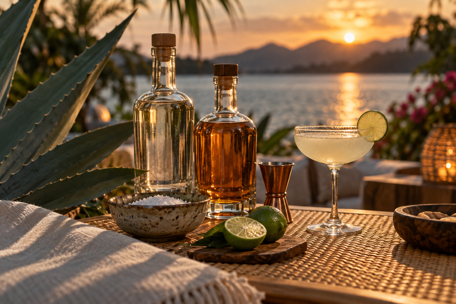 Editorial still-life at dusk: two unlabeled spirit bottles, a pottery bowl of salt, halved limes, a copper jigger, and a cocktail coupe on a light-rattan surface, with a large agave leaf shadow and blurred palm foliage over water behind.