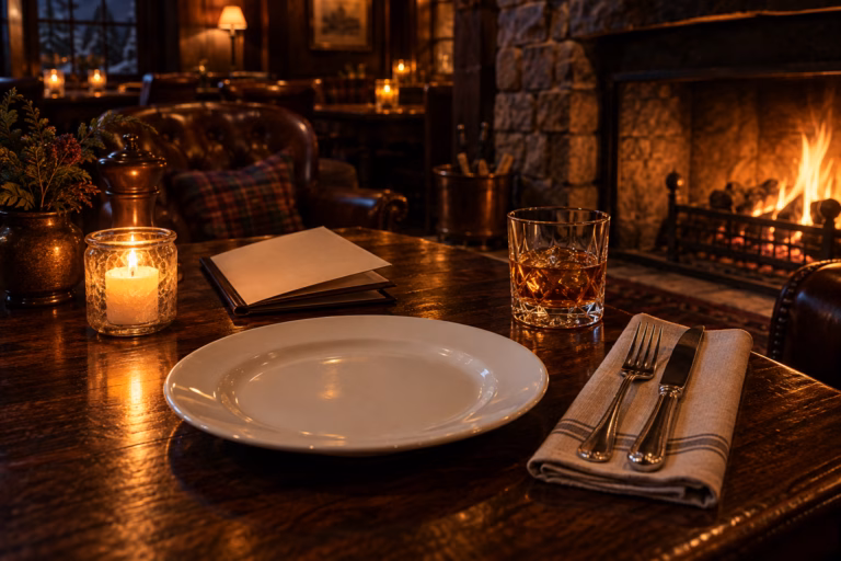 A moody pub table set for one beside a glowing hearth: an empty white plate, silver cutlery on a folded napkin, an amber drink and a candle in a glass jar