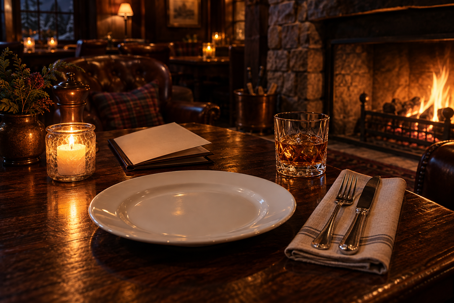 A moody pub table set for one beside a glowing hearth: an empty white plate, silver cutlery on a folded napkin, an amber drink and a candle in a glass jar