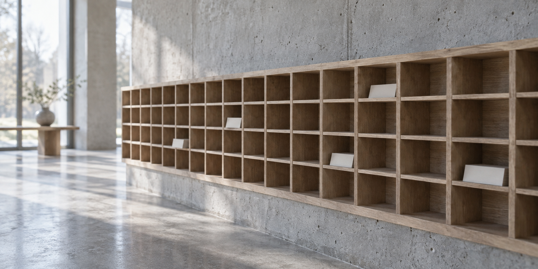A long wall of small empty light-oak pigeonhole cubbies fixed to a raw concrete wall, a few compartments holding blank white cards
