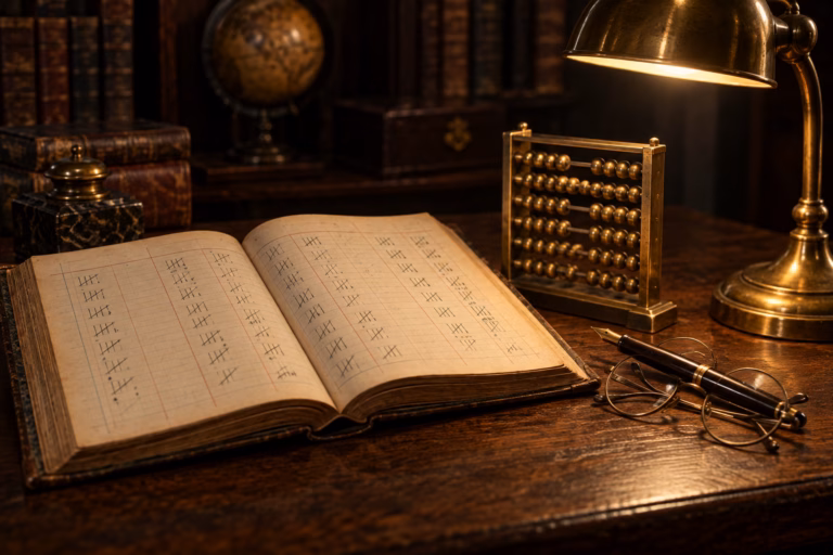 An open antique ledger with ruled columns of tally marks on a dark oak desk, beside a brass abacus, a fountain pen, spectacles and a warm desk lamp