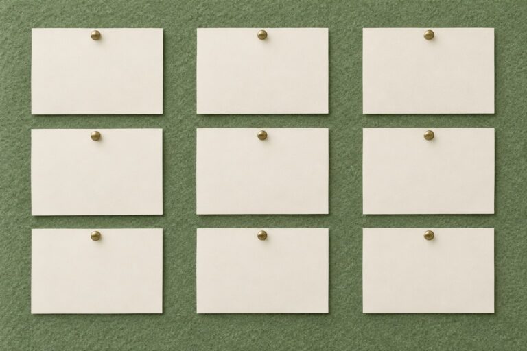 An overhead editorial flat-lay of three neat vertical columns of blank cream cards pinned to a muted sage-green felt board, seen from directly above.