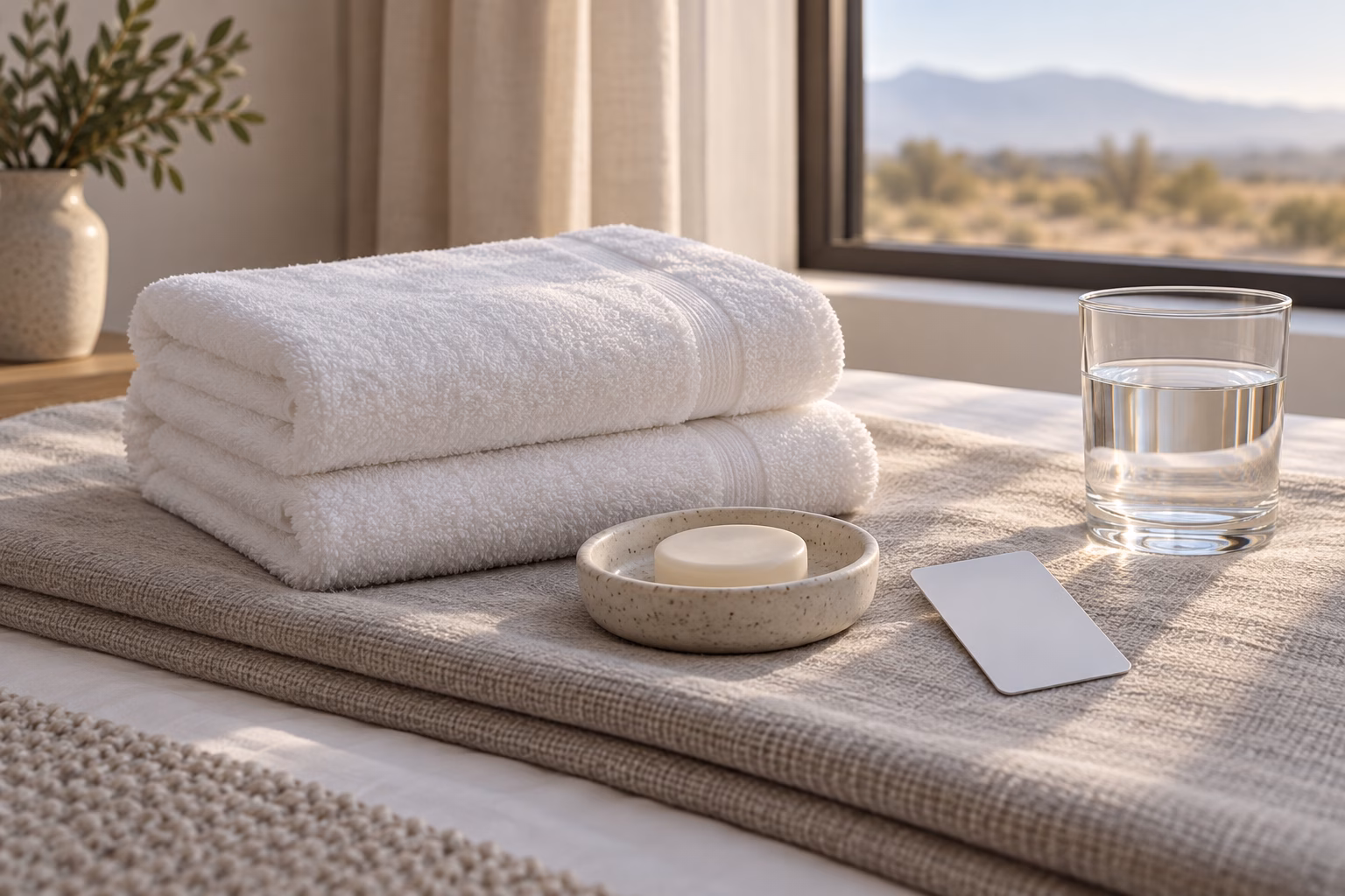 Folded white guest towels, a speckled ceramic soap dish with a bar of soap, a plain white keycard, and a glass of water arranged on neutral linens in calm morning light.