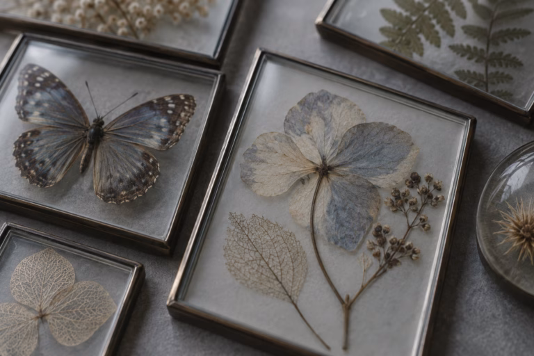 Pressed botanical and insect specimens sealed under clear glass frames on a grey studio surface