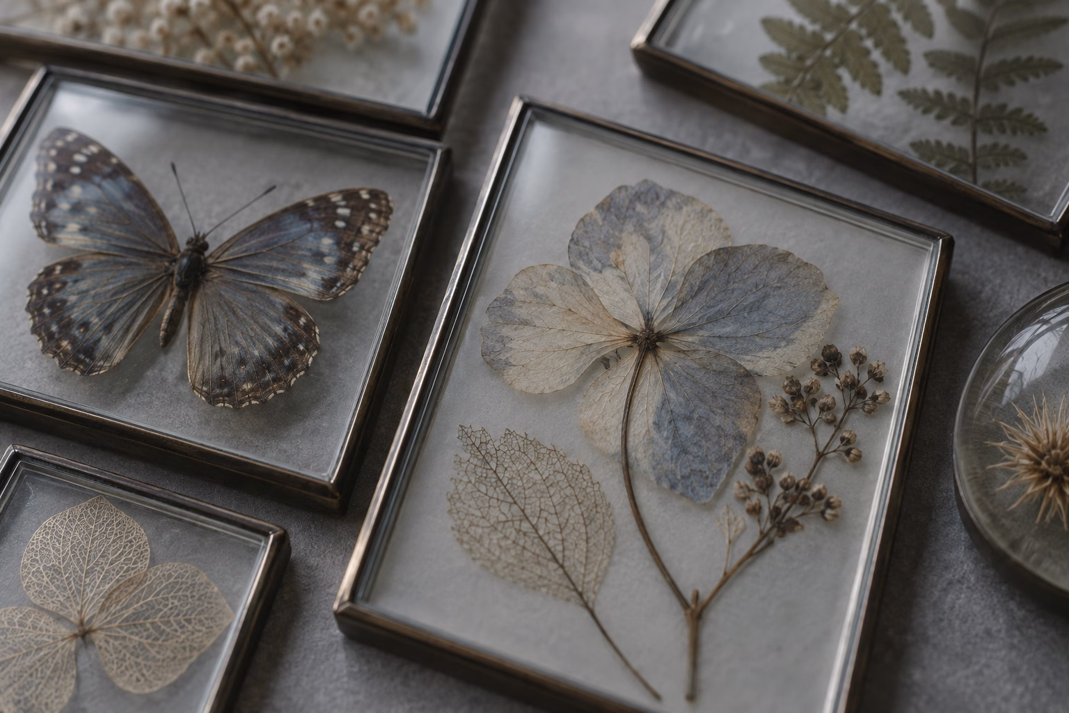 Pressed botanical and insect specimens sealed under clear glass frames on a grey studio surface