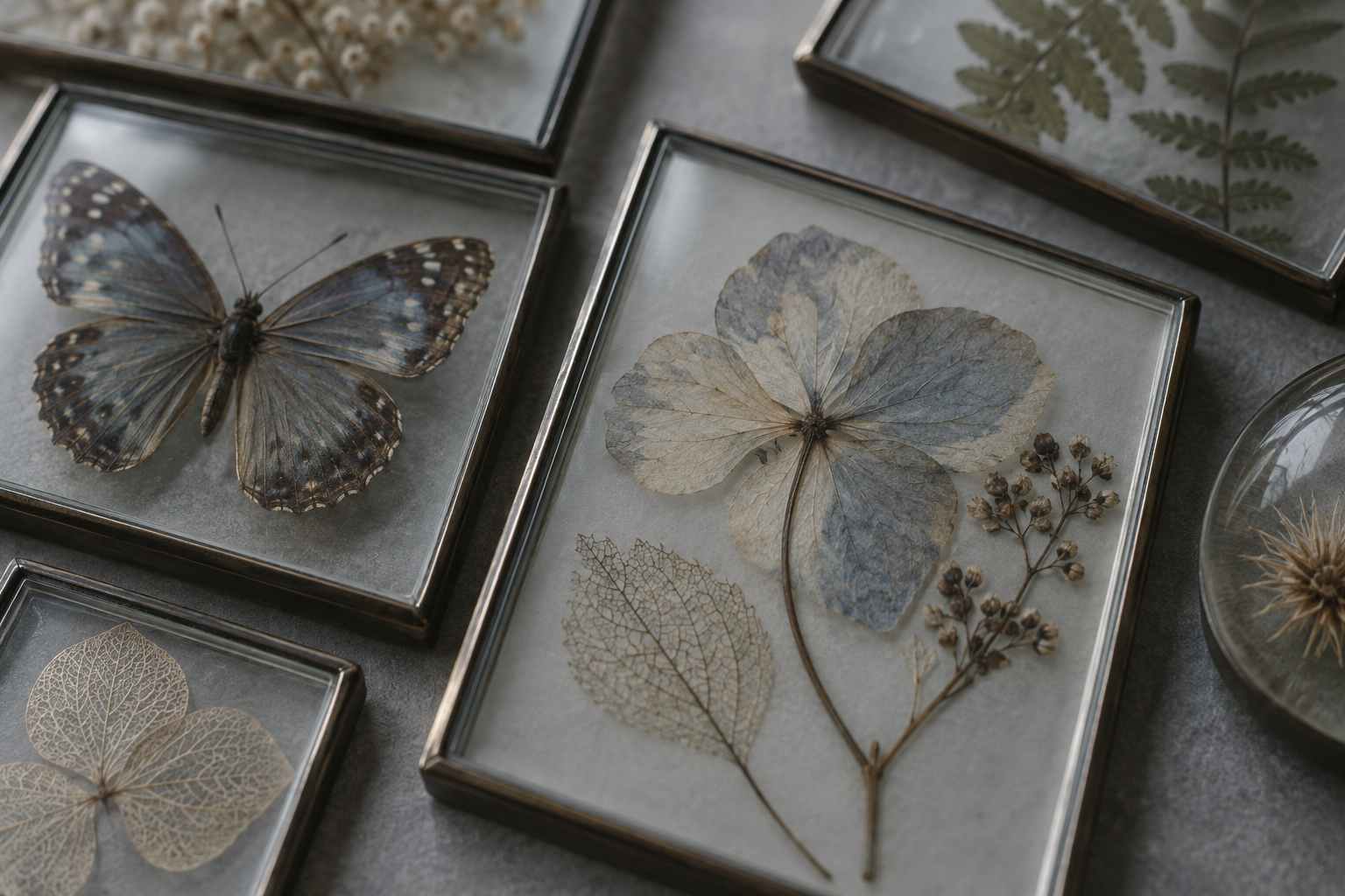 Pressed botanical and insect specimens sealed under clear glass frames on a grey studio surface