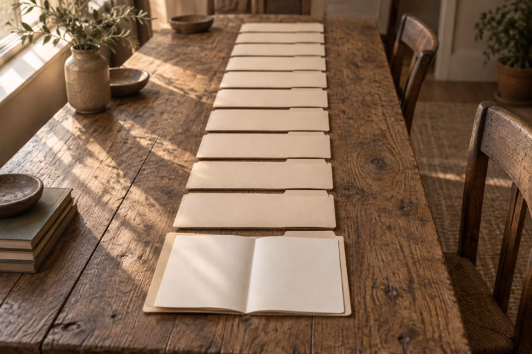 A row of twelve identical plain cream file folders on a weathered wooden table, the nearest open to blank pages