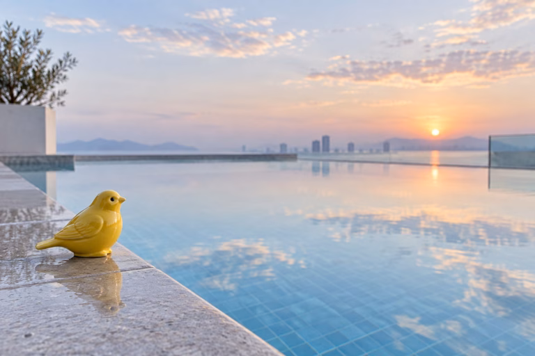 A small bright-yellow ceramic bird figurine perched on the stone edge of a still rooftop pool at dawn, an editorial still life.
