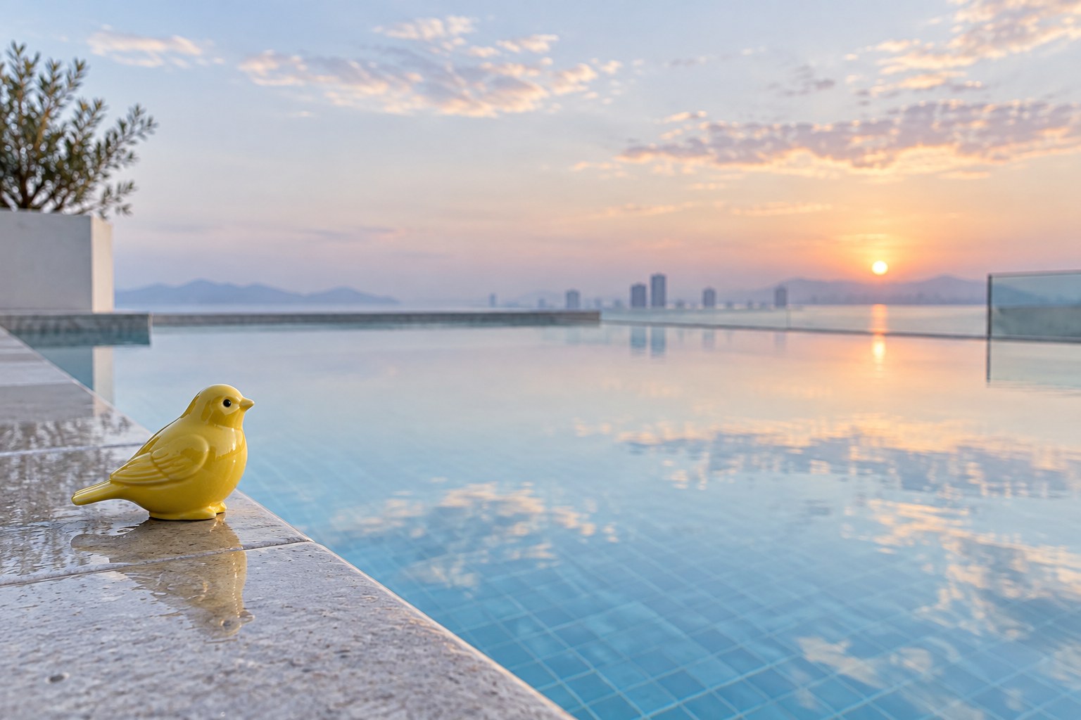 A small bright-yellow ceramic bird figurine perched on the stone edge of a still rooftop pool at dawn, an editorial still life.