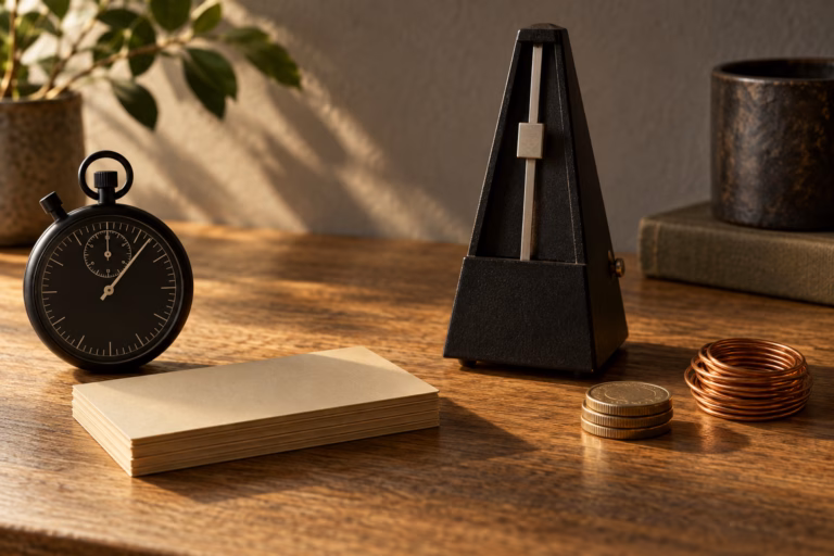 Editorial still-life on a warm oak desk: an analog stopwatch beside a stack of blank index cards on the left, three stacked coins and a copper wire coil on the right, with a plain mechanical metronome between them in raking side light.