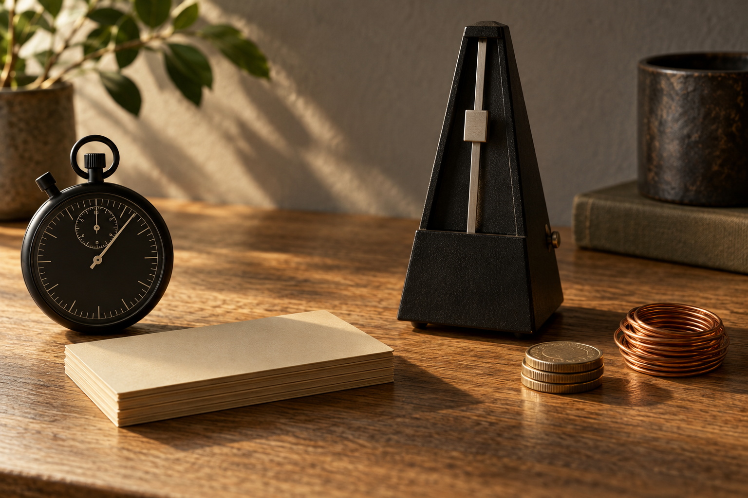 Editorial still-life on a warm oak desk: an analog stopwatch beside a stack of blank index cards on the left, three stacked coins and a copper wire coil on the right, with a plain mechanical metronome between them in raking side light.