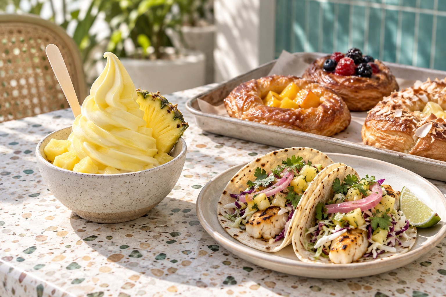 A bright editorial still life of a ceramic bowl of pineapple soft-serve with a spoon, two soft tacos on a plate, and a tray of fruit pastries on a sunlit terrazzo table.