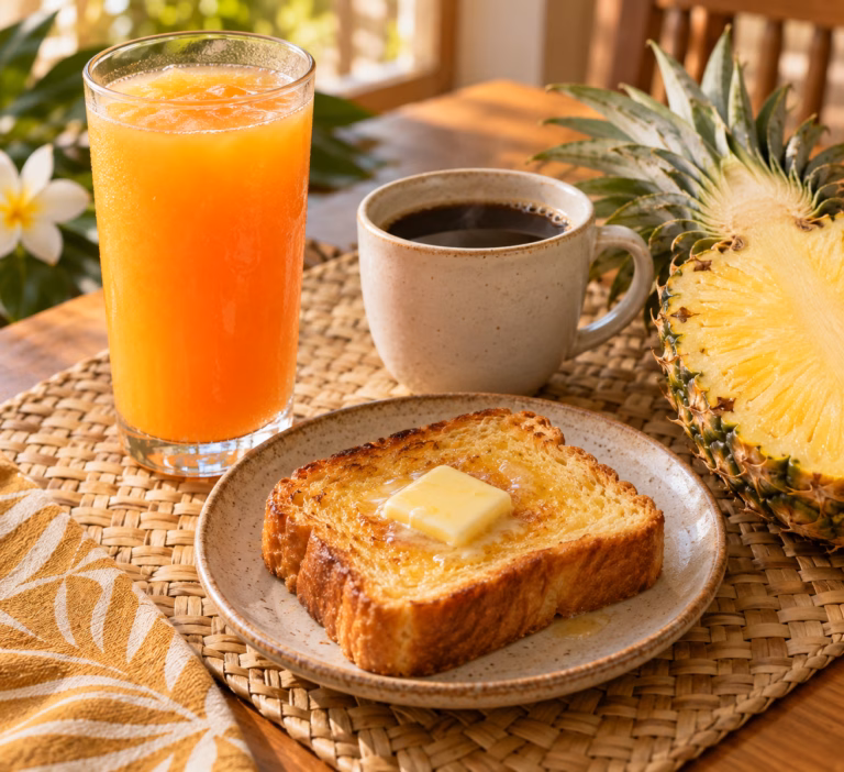 Warm editorial still life of a tropical breakfast spread: a glass of orange juice, a cup of coffee, buttered toasted bread on a plate and a halved pineapple on a wooden table.