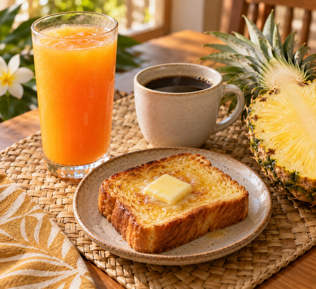 Warm editorial still life of a tropical breakfast spread: a glass of orange juice, a cup of coffee, buttered toasted bread on a plate and a halved pineapple on a wooden table.