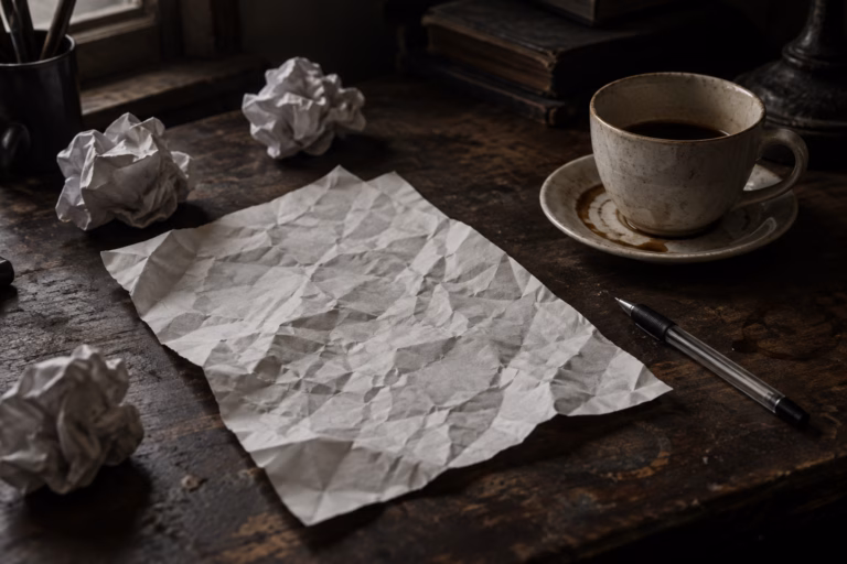 A crumpled blank manuscript page smoothed flat on a worn dark desk, with crumpled paper balls, a cold cup of coffee leaving a ring stain, and a tossed pen