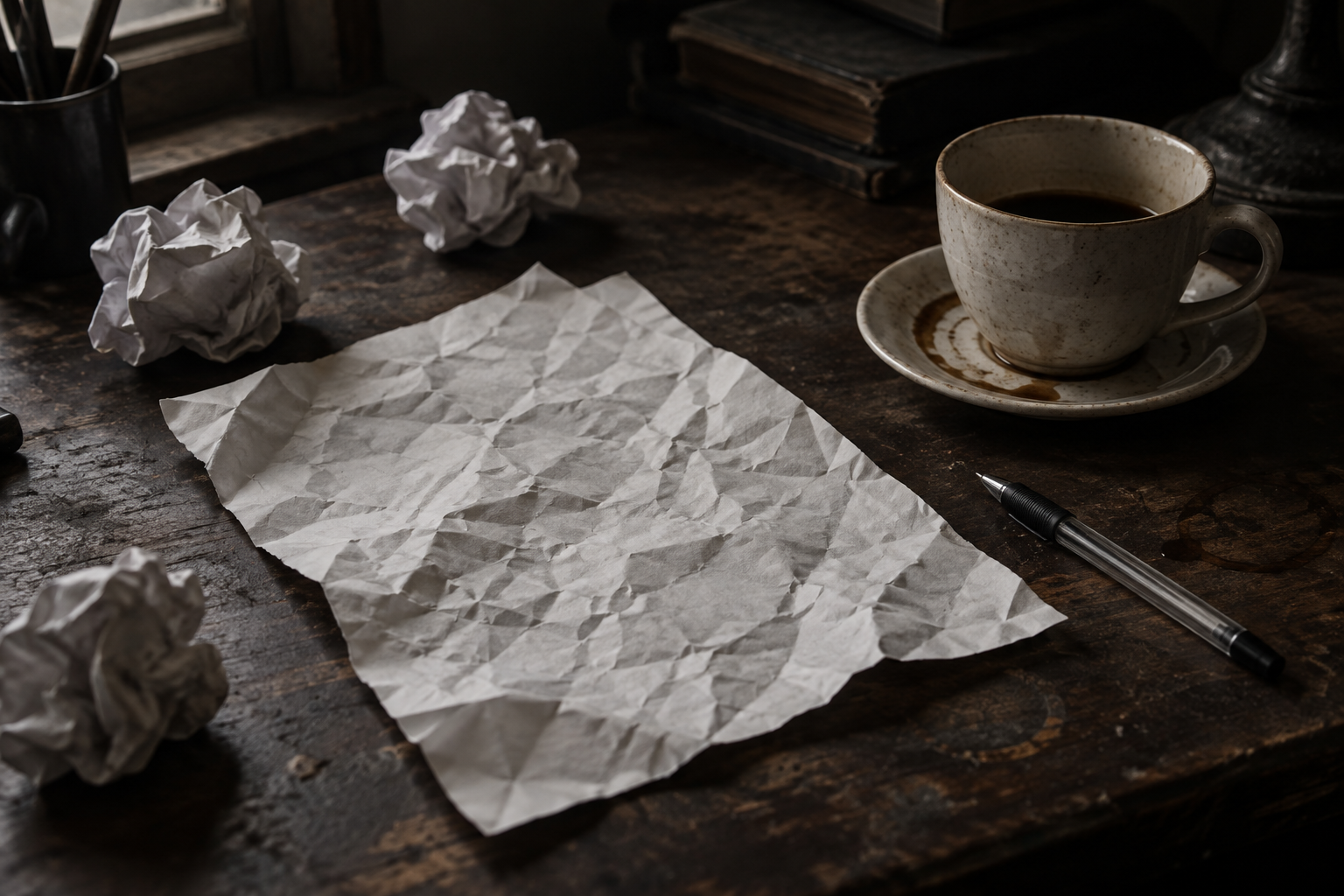 A crumpled blank manuscript page smoothed flat on a worn dark desk, with crumpled paper balls, a cold cup of coffee leaving a ring stain, and a tossed pen