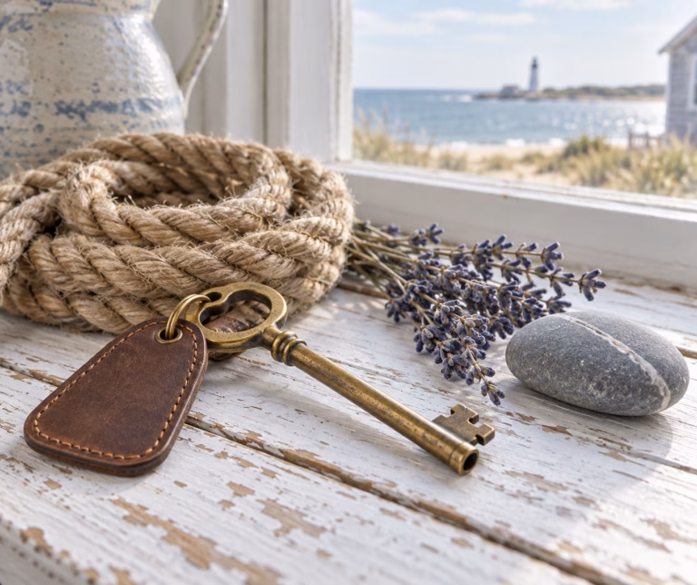 Coastal editorial still life on weathered white boards by a window: an antique brass key with a blank leather fob, a coil of rope, dried lavender and a smooth beach stone.