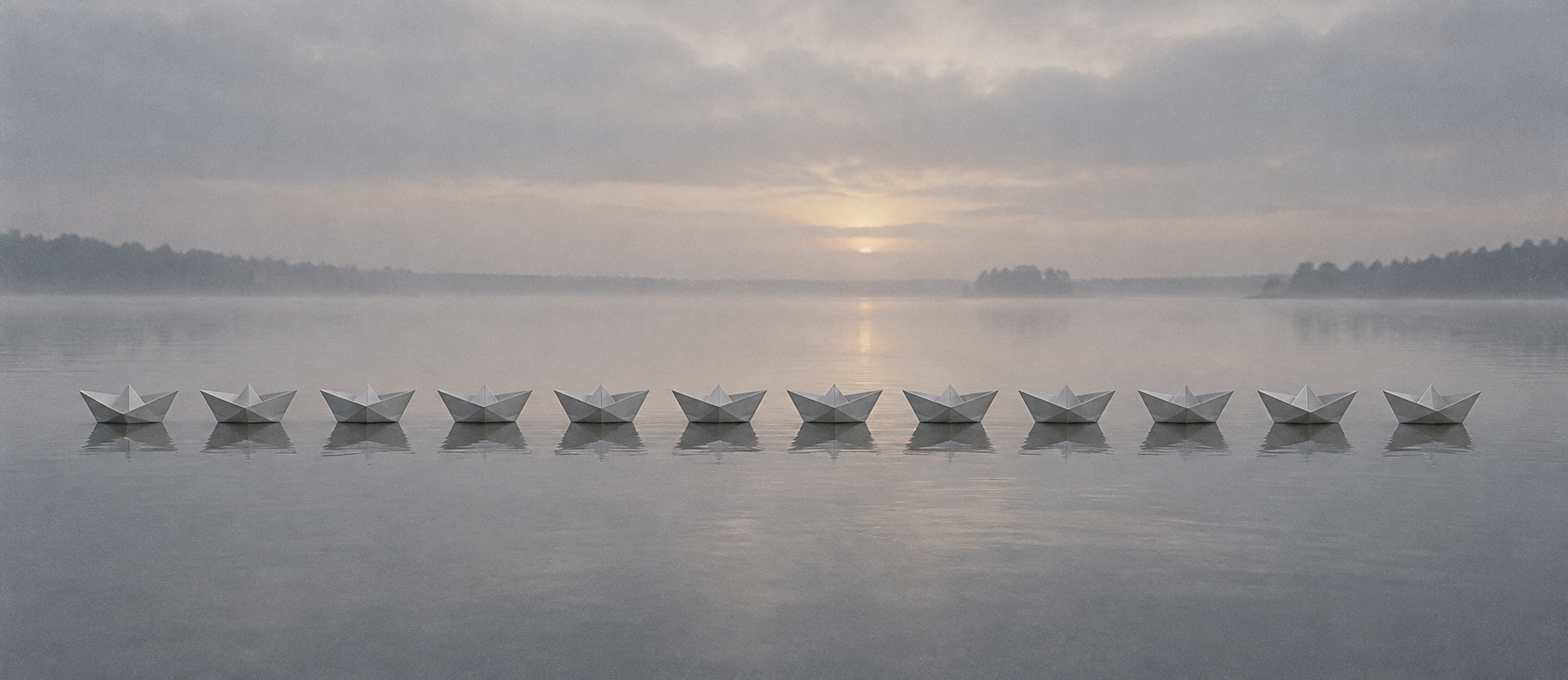 Twelve identical plain white paper boats floating in a single straight row on still grey water at dawn