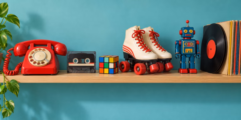 A light wooden shelf against a teal wall holding a red rotary telephone, a cassette tape, a rainbow puzzle cube, roller skates, a toy robot and a stack of records