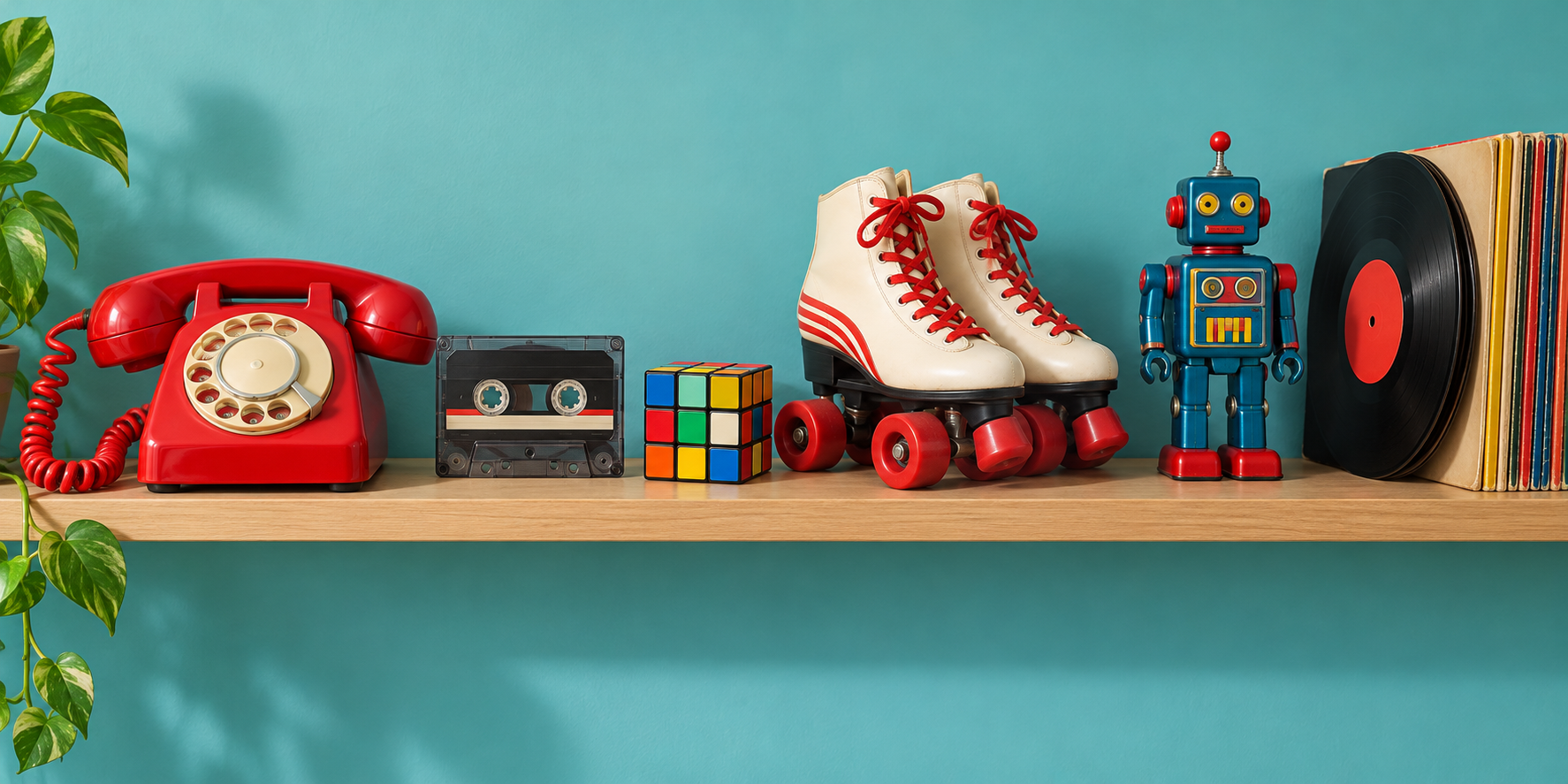 A light wooden shelf against a teal wall holding a red rotary telephone, a cassette tape, a rainbow puzzle cube, roller skates, a toy robot and a stack of records