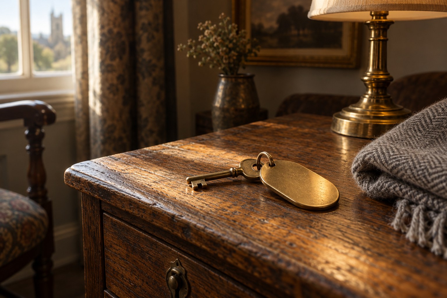 A warm editorial still life of an antique brass hotel room key and a blank brass tag on an aged oak table in late-morning window light.