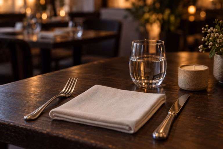 A modest table setting on dark wood: a folded cream cloth napkin, silver fork and knife, a water glass, and an unlit candle in a plain holder, with warm bokeh behind.