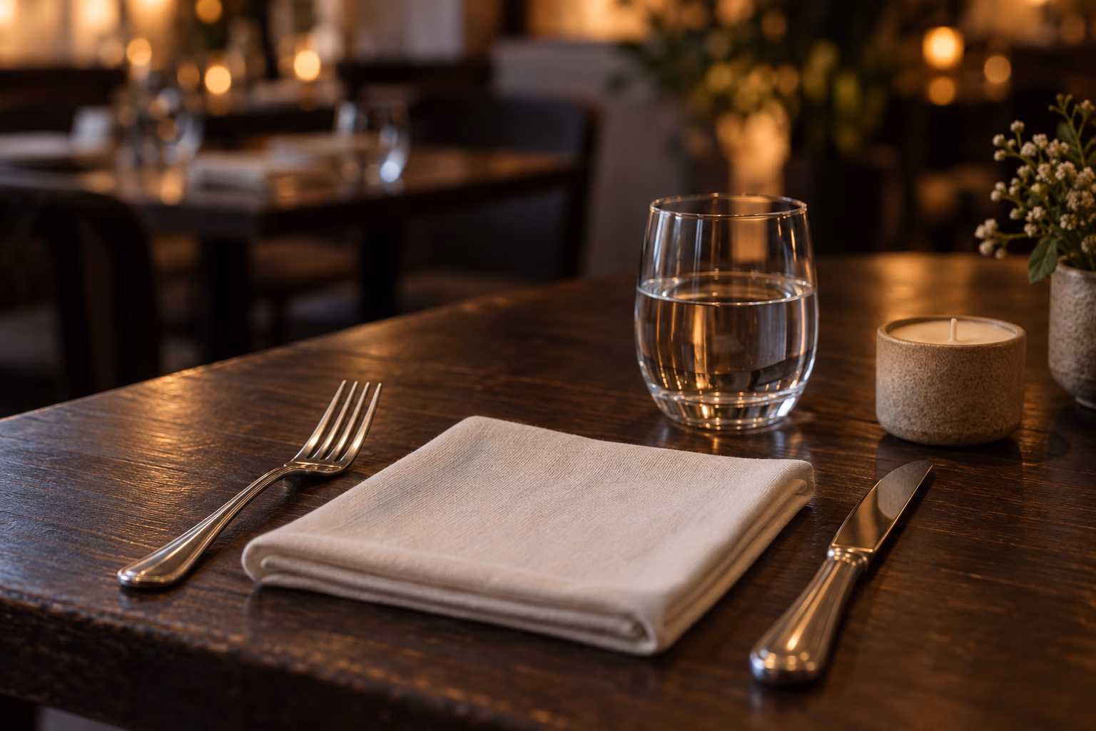 A modest table setting on dark wood: a folded cream cloth napkin, silver fork and knife, a water glass, and an unlit candle in a plain holder, with warm bokeh behind.