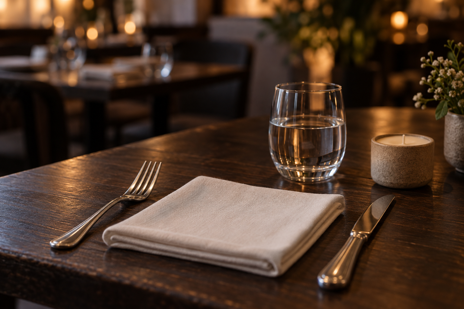 A modest table setting on dark wood: a folded cream cloth napkin, silver fork and knife, a water glass, and an unlit candle in a plain holder, with warm bokeh behind.