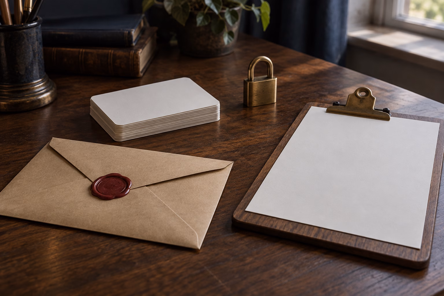 Documentary-style editorial still life of a wax-sealed kraft envelope, a stack of blank index cards, a small brass padlock and a blank clipboard on a dark wooden desk.