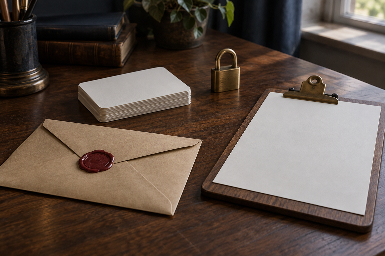 Documentary-style editorial still life of a wax-sealed kraft envelope, a stack of blank index cards, a small brass padlock and a blank clipboard on a dark wooden desk.