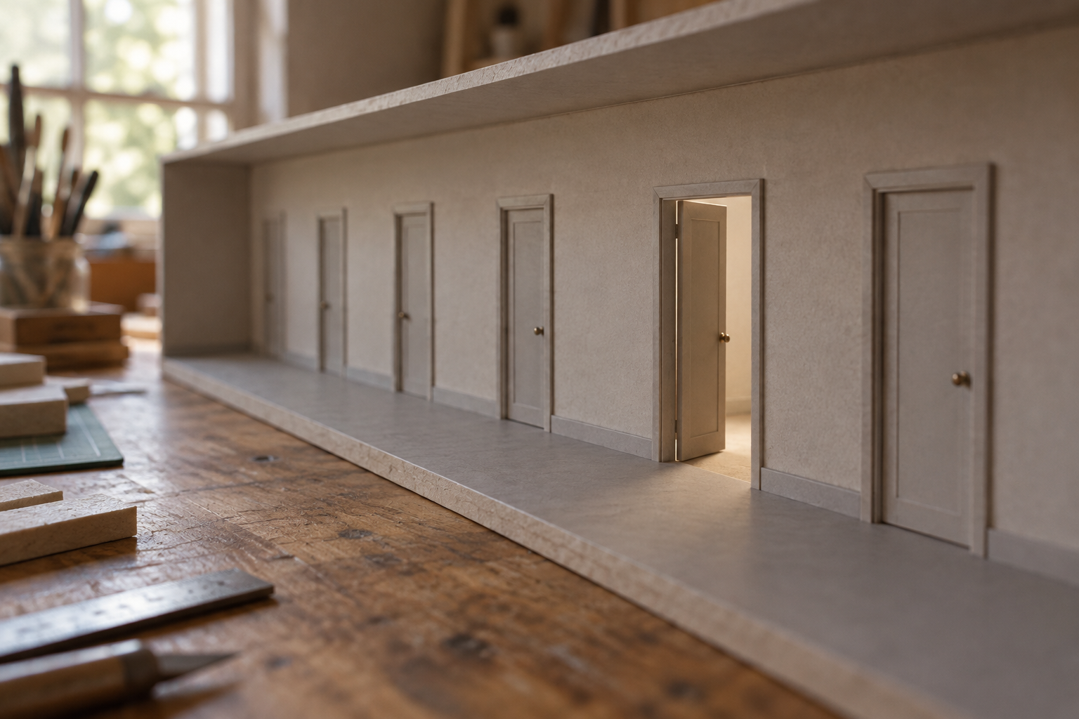 A miniature architectural model of a corridor with six identical doors on a darkened woodworking bench, the second door from the right standing ajar with a warm light behind it