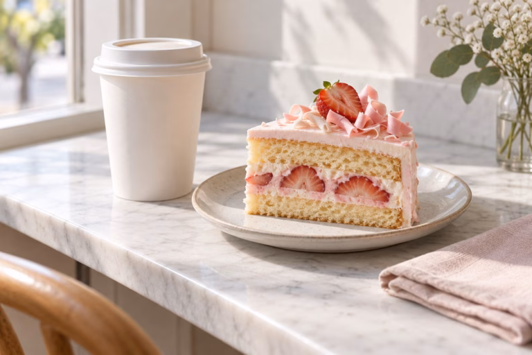 A bright editorial still life of a plain white takeaway coffee cup beside a slice of layered strawberry cake on a marble counter in morning light.