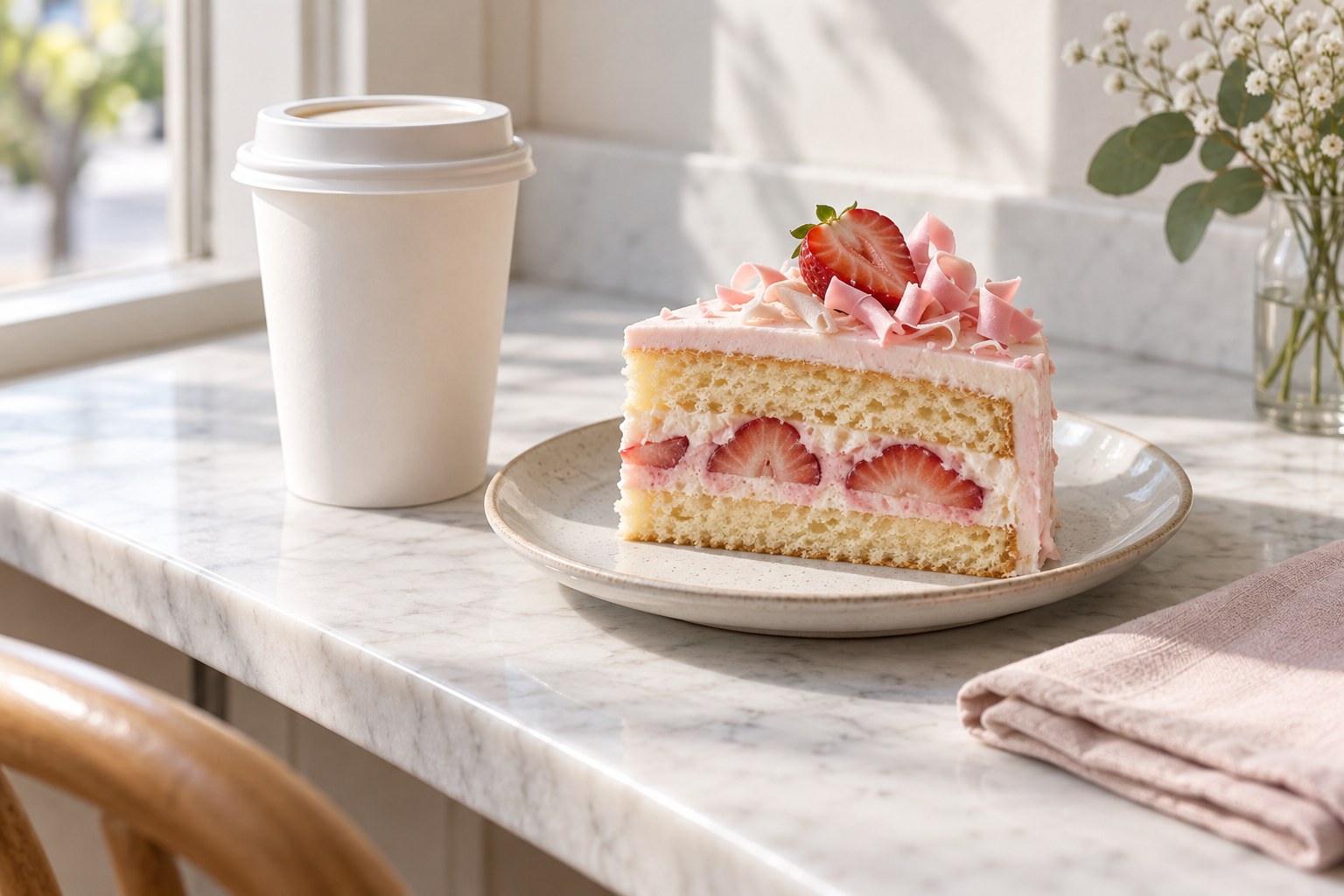 A bright editorial still life of a plain white takeaway coffee cup beside a slice of layered strawberry cake on a marble counter in morning light.