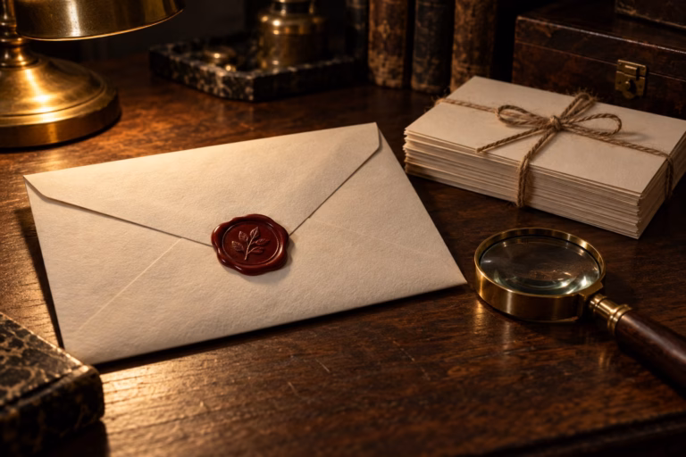 A moody editorial still life of a cream envelope closed with a red wax seal beside a brass magnifying glass and a short stack of blank cream index cards tied with twine, on a dark walnut desk.