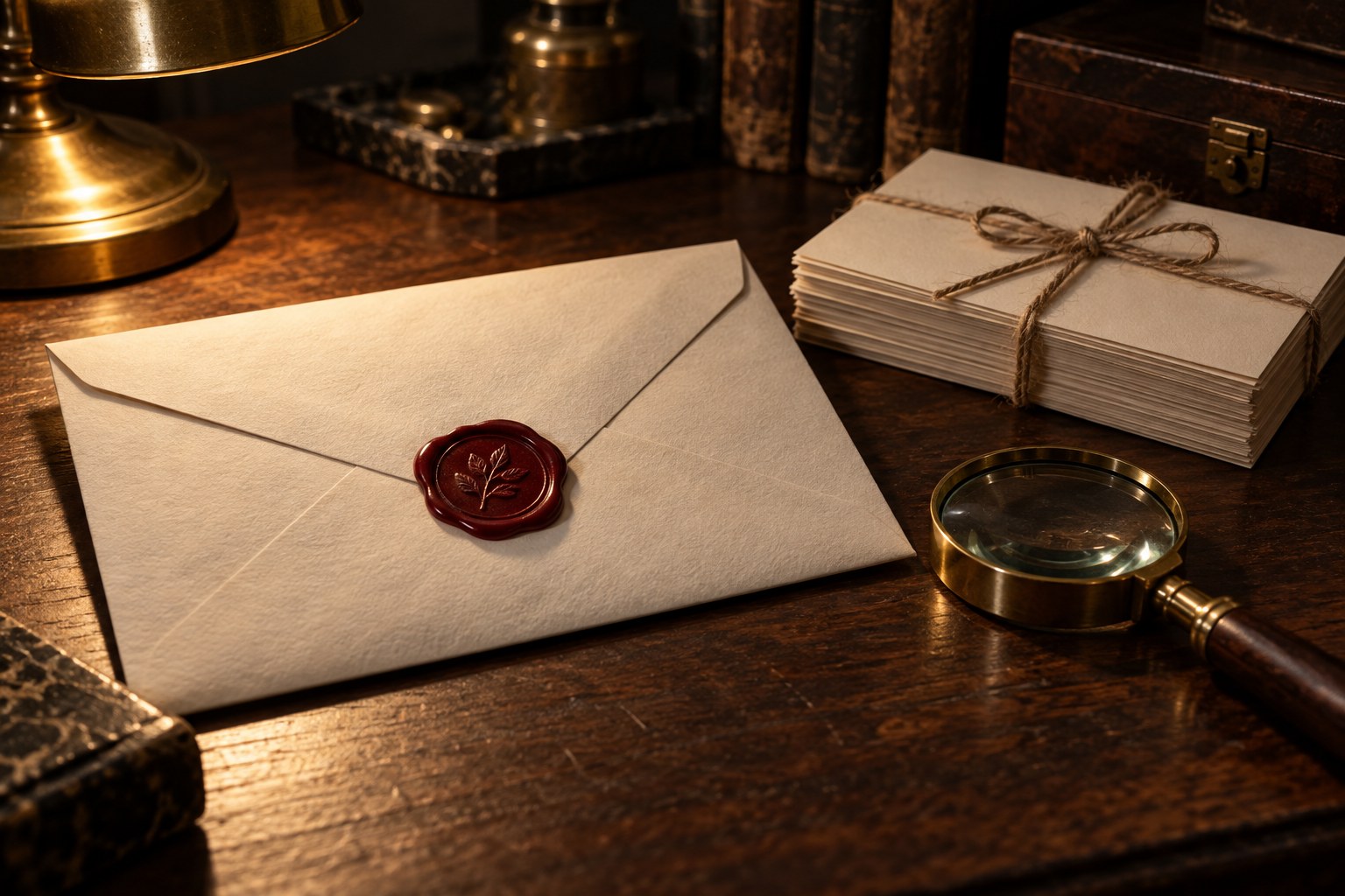 A moody editorial still life of a cream envelope closed with a red wax seal beside a brass magnifying glass and a short stack of blank cream index cards tied with twine, on a dark walnut desk.