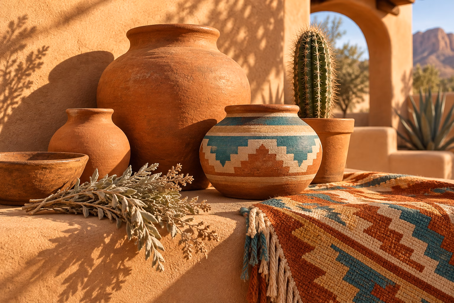 A Southwestern still-life on sunlit adobe: terracotta and painted clay pots, a woven geometric textile in rust and turquoise, dried sage and a potted cactus