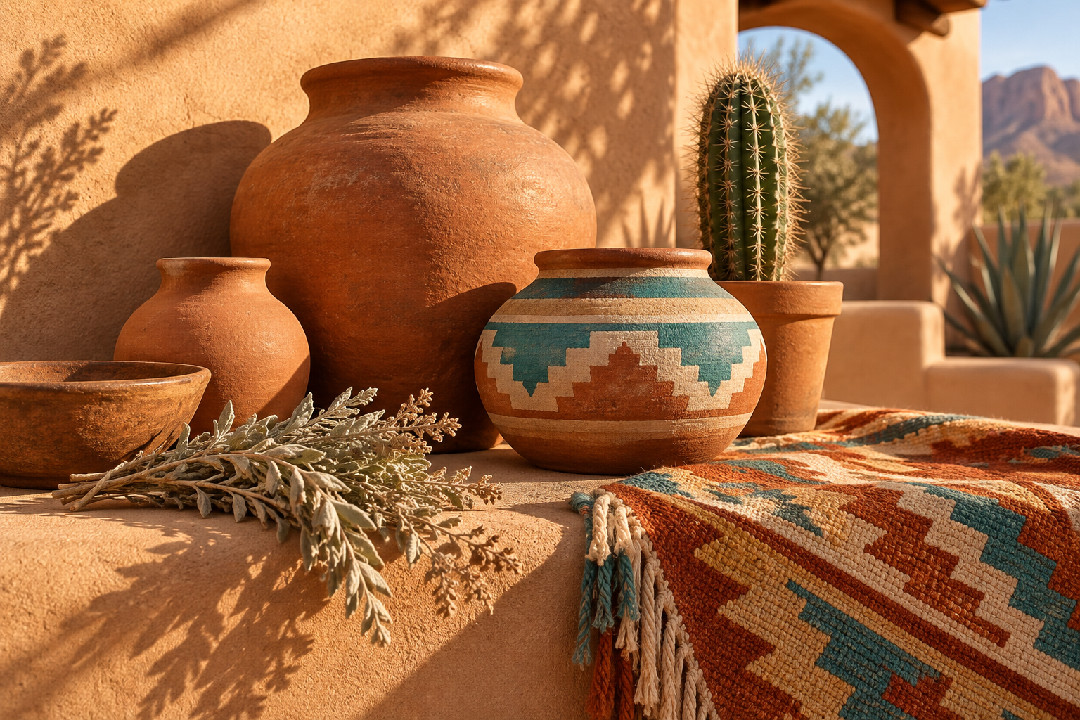 A Southwestern still-life on sunlit adobe: terracotta and painted clay pots, a woven geometric textile in rust and turquoise, dried sage and a potted cactus