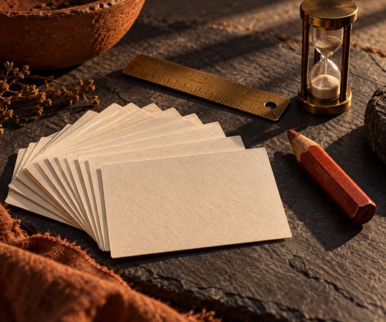 Warm macro still life of blank index cards fanned across a slate surface beside a small brass ruler, a red wax pencil, and a brass hourglass.