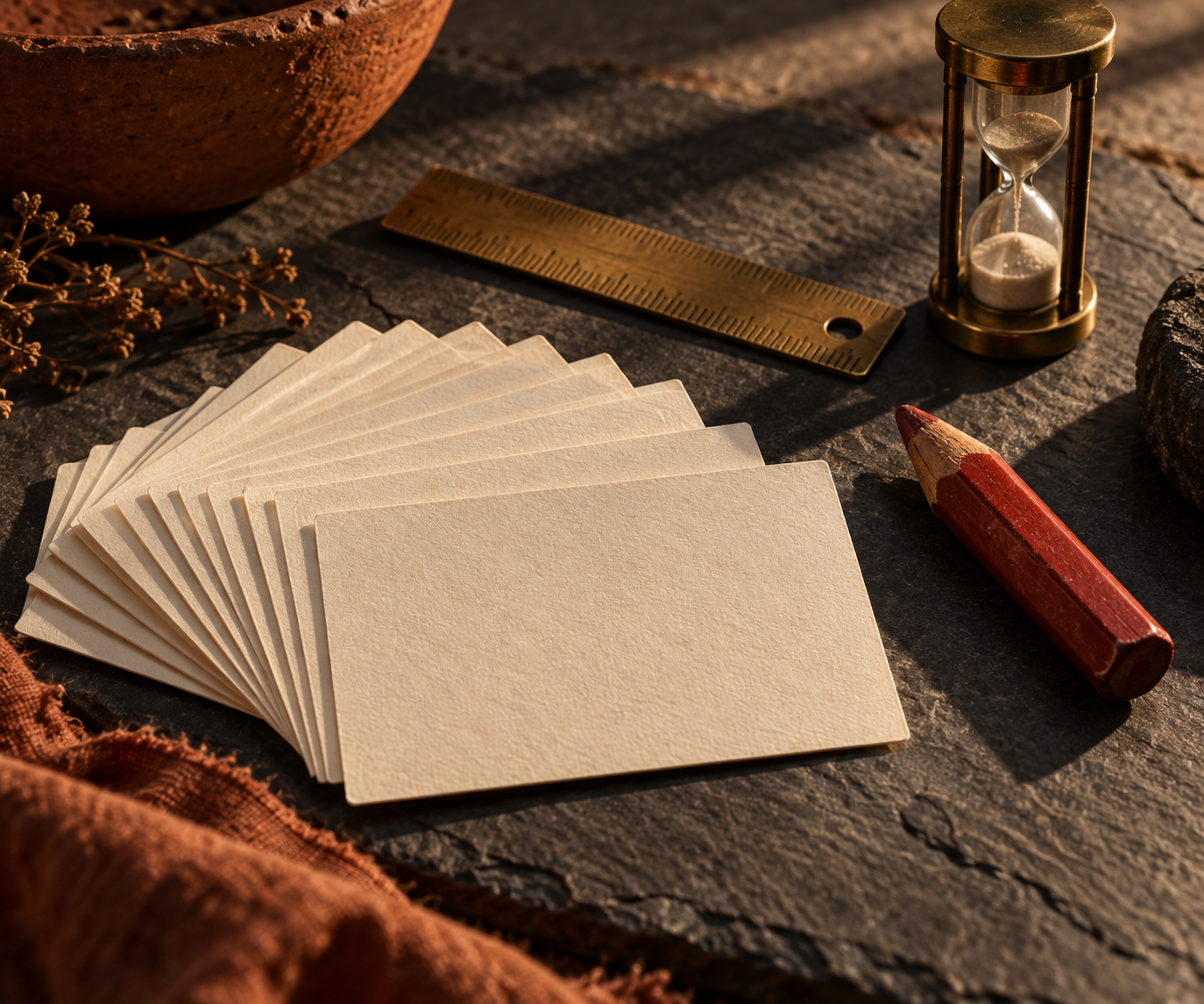 Warm macro still life of blank index cards fanned across a slate surface beside a small brass ruler, a red wax pencil, and a brass hourglass.