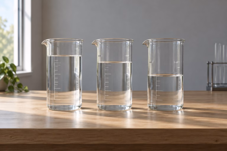 Three identical clear glass beakers filled with water to slightly different levels, standing in a neat row on a light wooden bench in soft daylight, an editorial still life.