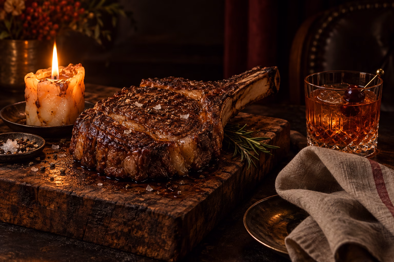 Moody editorial still-life: a thick bone-in ribeye on a rustic butcher block beside a lit beef-fat candle, a linen napkin, and a crystal glass of amber cocktail with a single cherry, in warm chiaroscuro light.