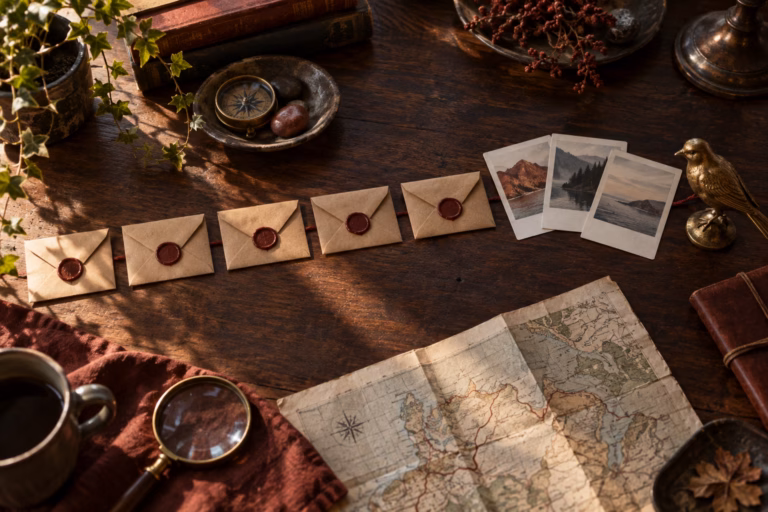 Overhead editorial still-life: sealed wax-stamped kraft envelopes in a row feeding into three photograph cards, with a small brass bird figurine and a folded map on a dark wood table lit by warm window light.