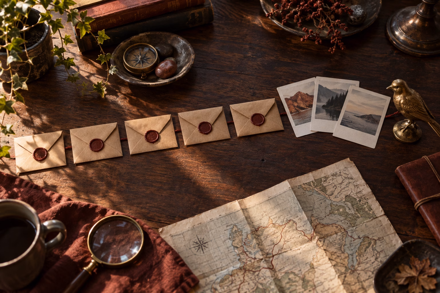 Overhead editorial still-life: sealed wax-stamped kraft envelopes in a row feeding into three photograph cards, with a small brass bird figurine and a folded map on a dark wood table lit by warm window light.