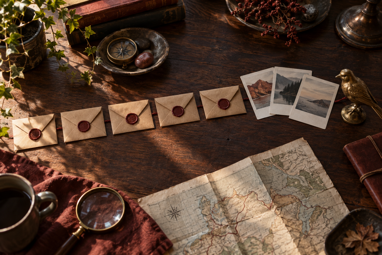 Overhead editorial still-life: sealed wax-stamped kraft envelopes in a row feeding into three photograph cards, with a small brass bird figurine and a folded map on a dark wood table lit by warm window light.